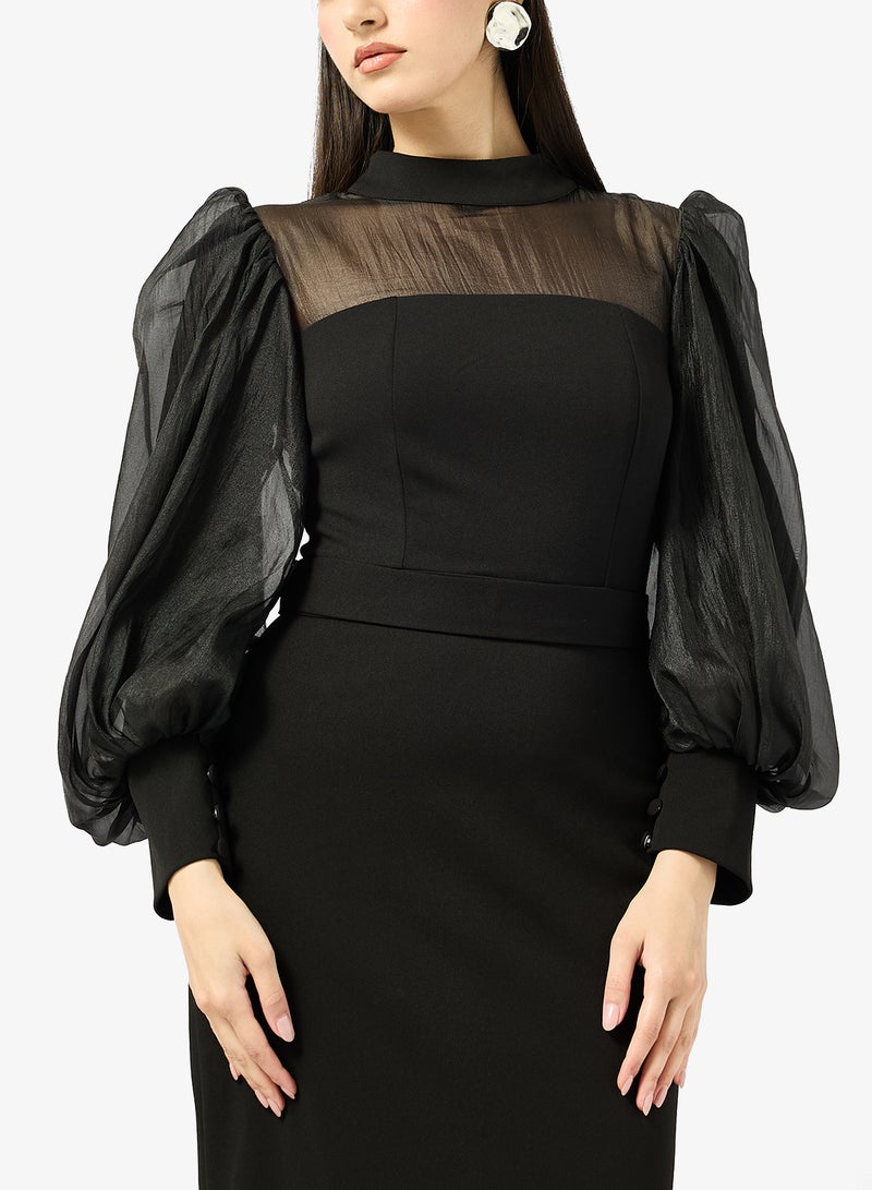 Iyra Puff Sleeve Belted Flared Hem Dress - Image 3